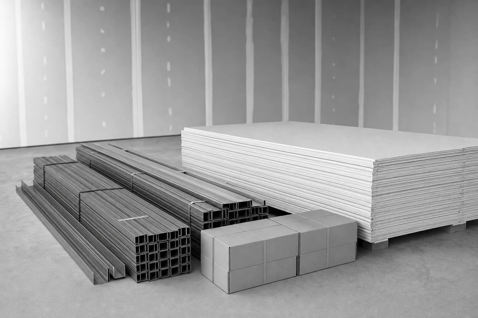 Black and white photograph of plasterboard, steel studs and boxed fixings staged in neat groups on a bare floor